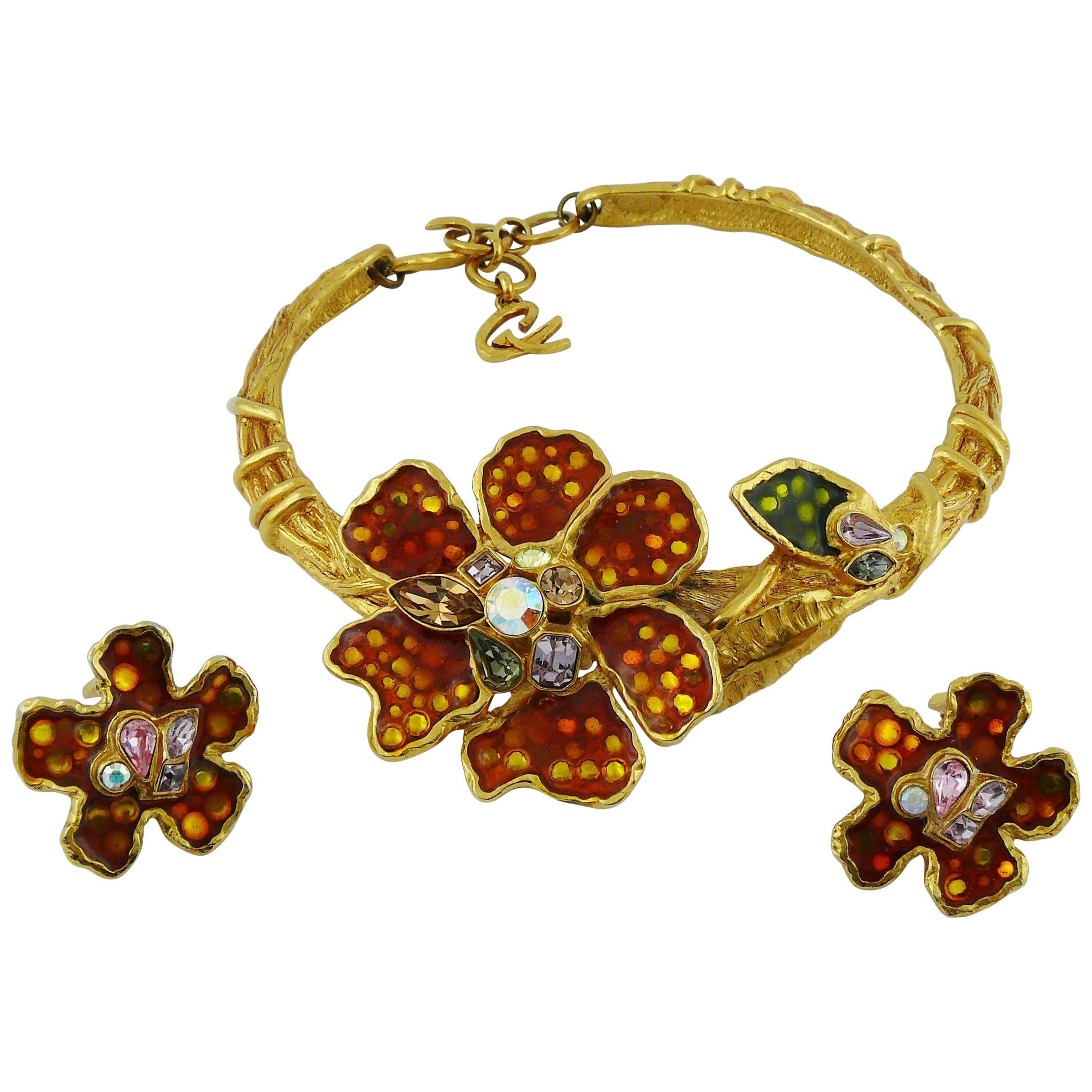 Christian Lacroix Vintage Enamel Flower Collar Necklace and Earrings Set