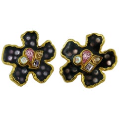 Christian Lacroix Vintage Purple Enamel Flower Clip-On Earrings