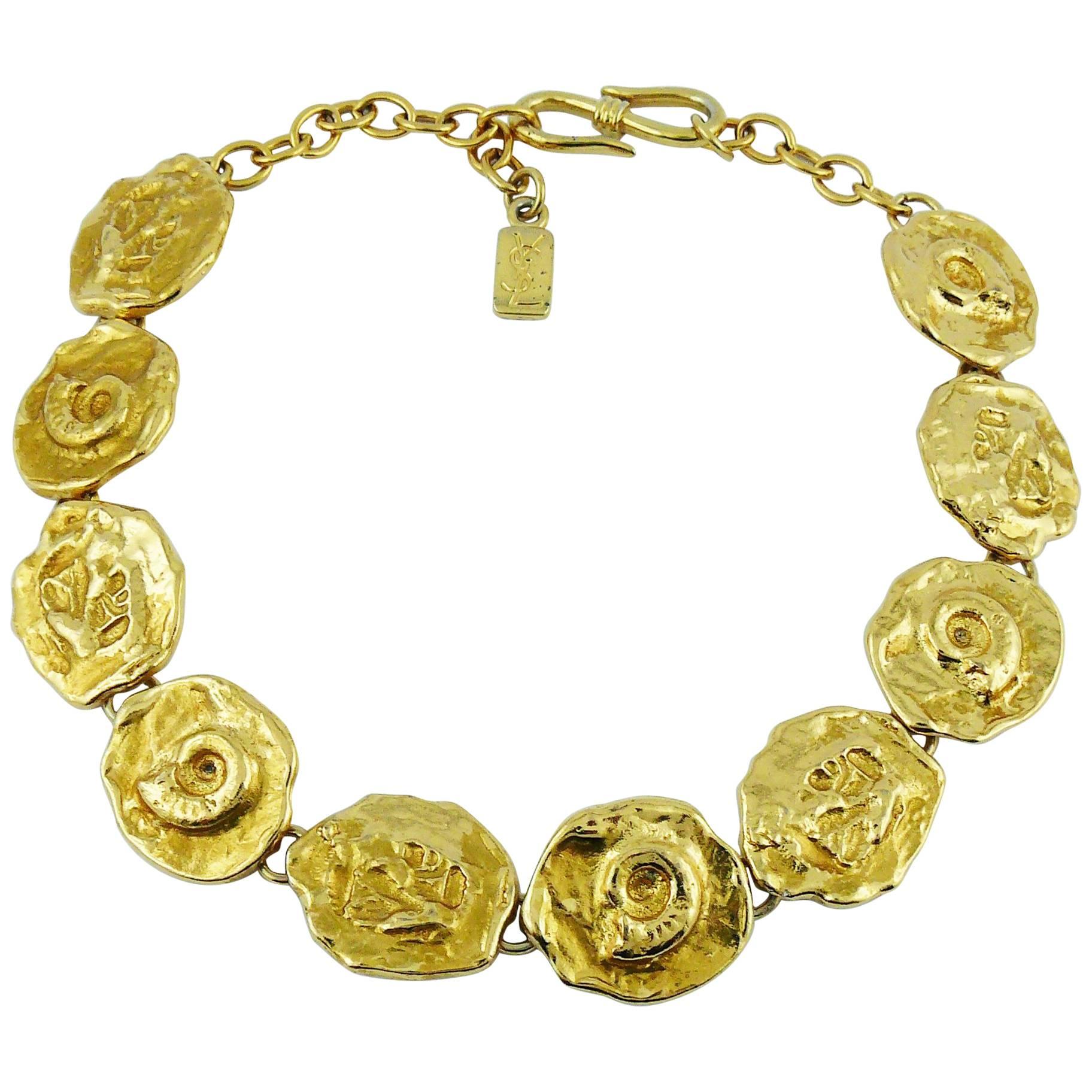 Yves Saint Laurent YSL Vintage Gold Toned Fossil Necklace