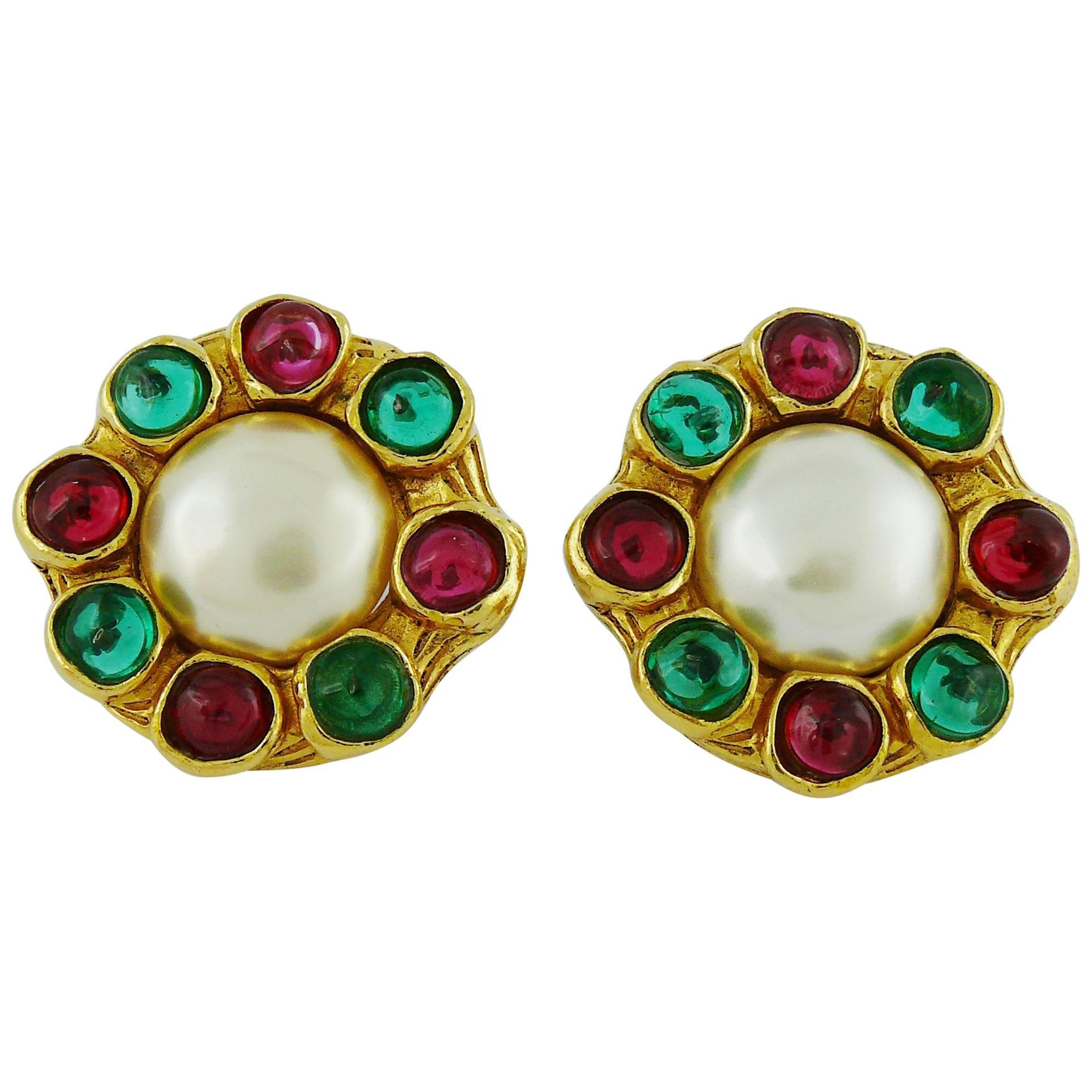 Chanel Vintage Gripoix Multicolor Glass Cabochons and Faux Pearl Earrings