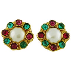 Chanel Vintage Gripoix Multicolor Glass Cabochons and Faux Pearl Earrings