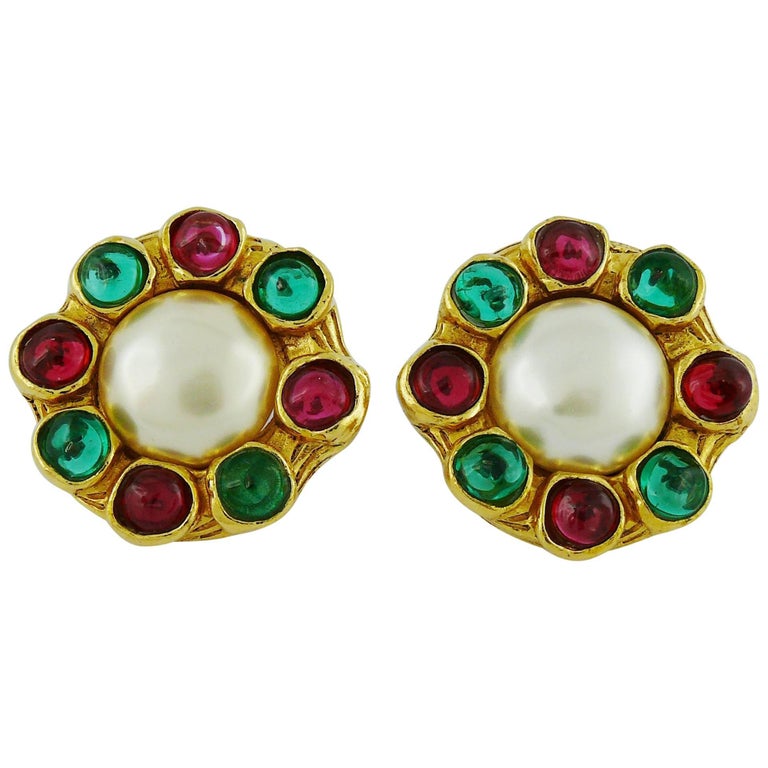 Chanel Vintage Gripoix Multicolor Glass Cabochons and Faux Pearl ...