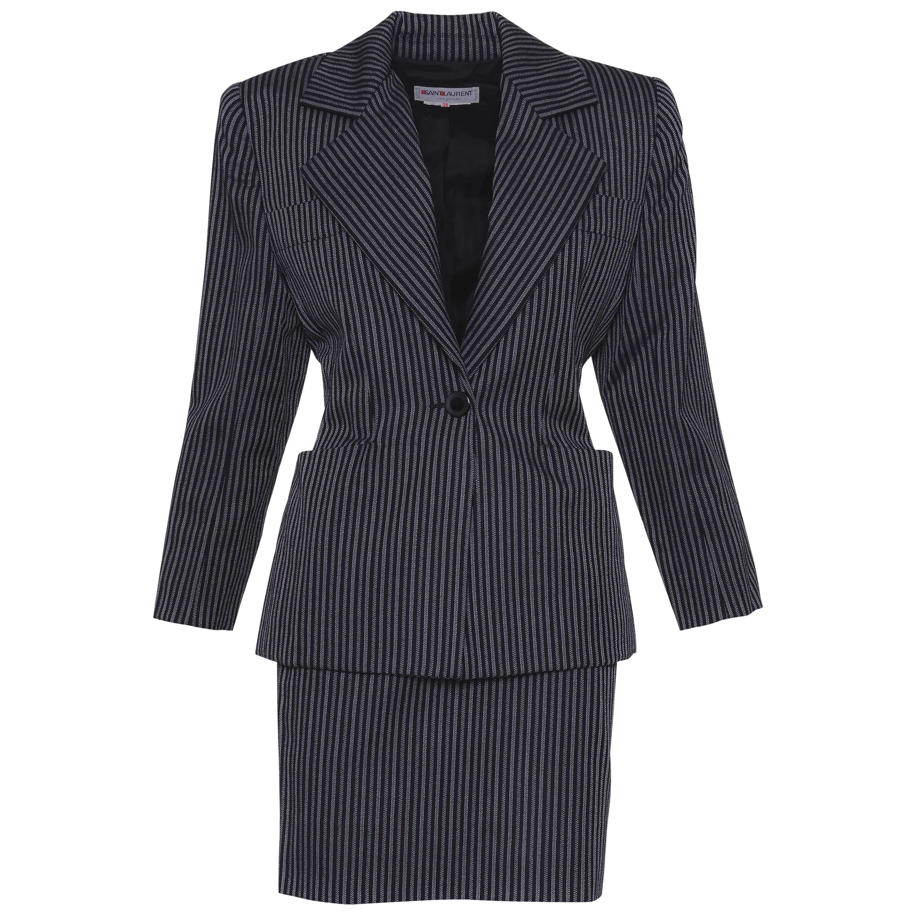 1980s YVES SAiNT LAURENT Rive Gauche Pinstriped Wool Suit Skirt  For Sale