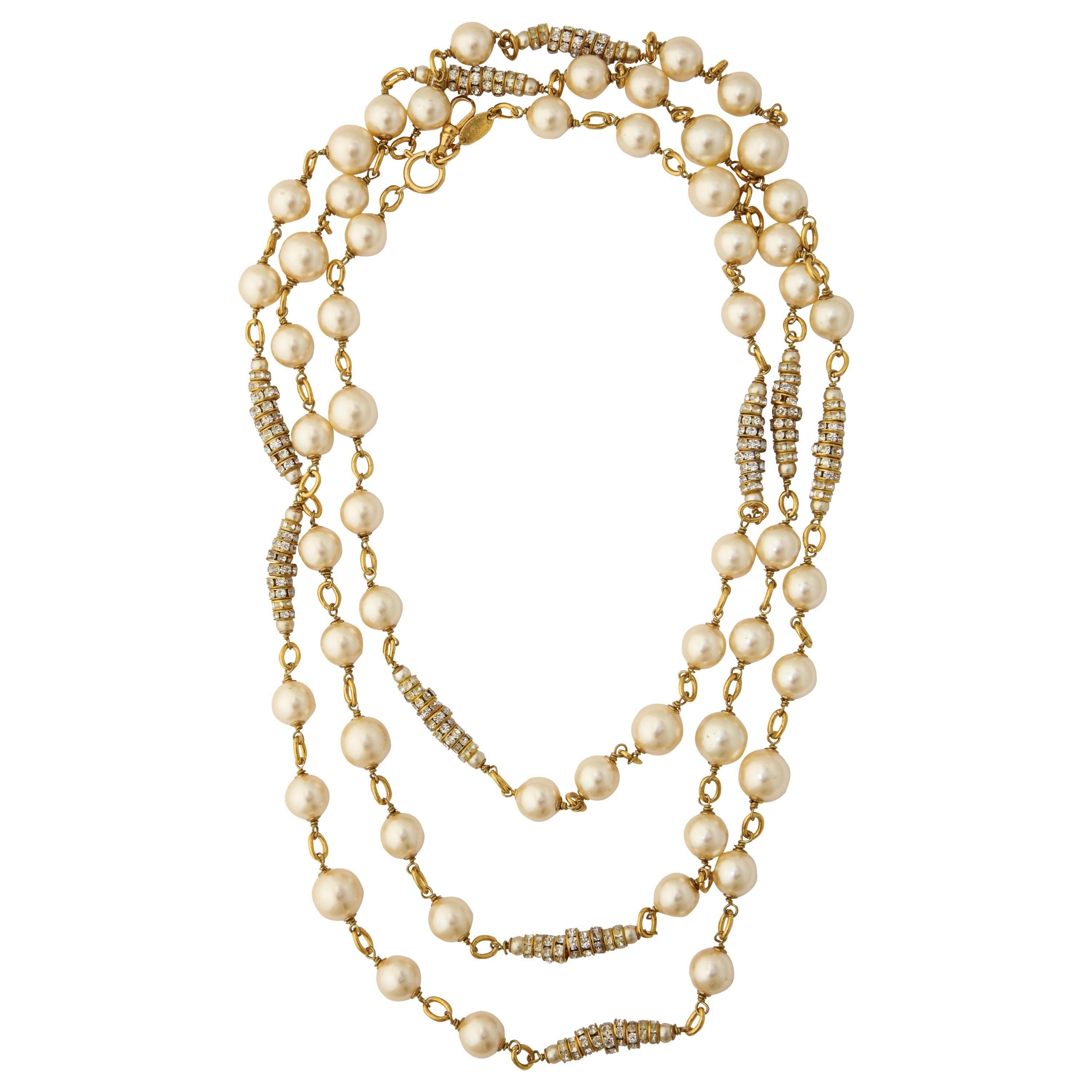 Long Chanel Faux Pearl and Glass Necklace