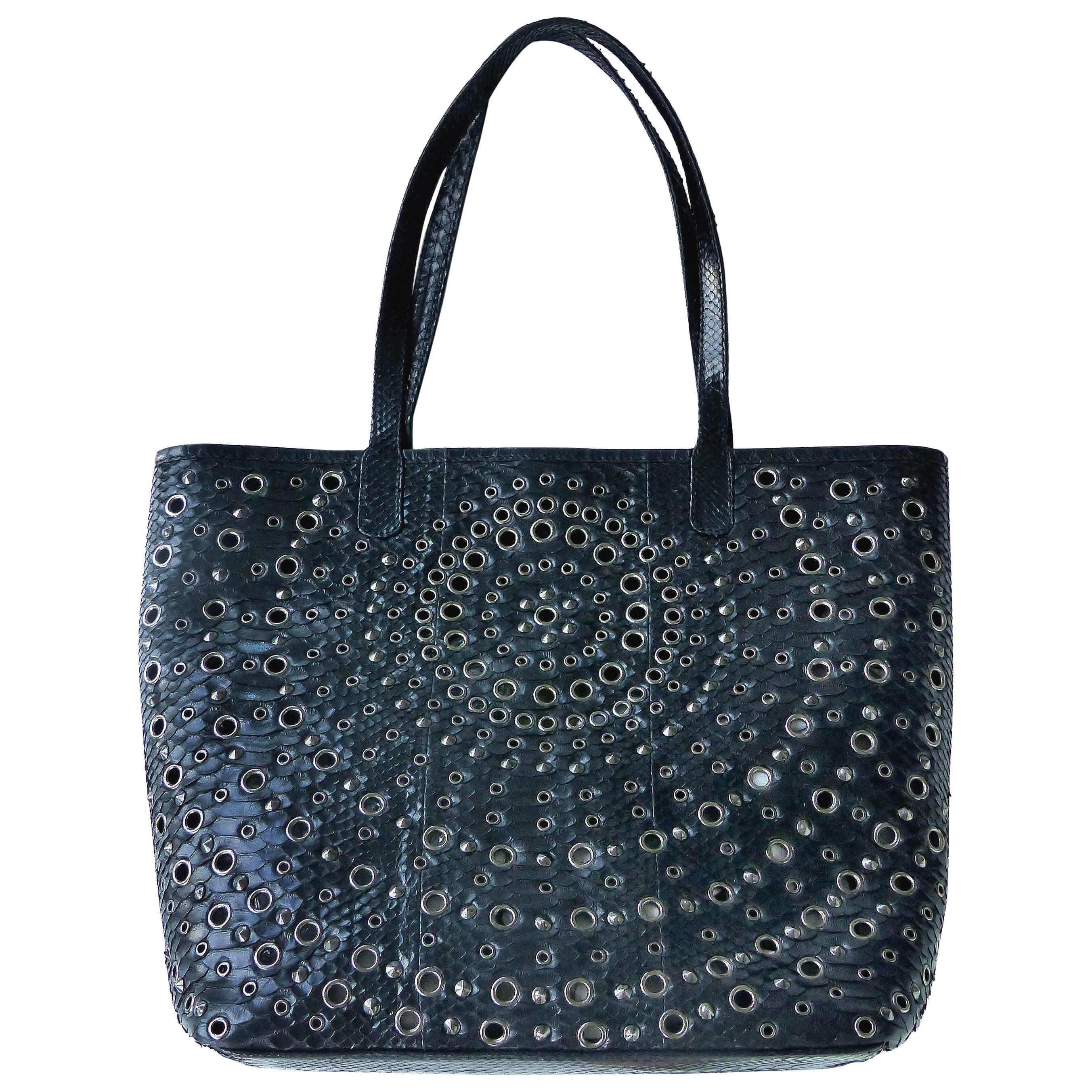 Black Rock Python Perforated and Studded Tote by Glen Arthur Designs for GabBag For Sale