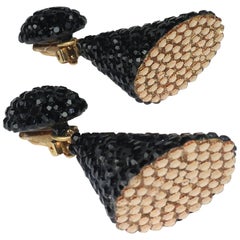 Vintage Cone Shaped 1980's Richard Kerr Black & Gold Pave Crystal Earrings