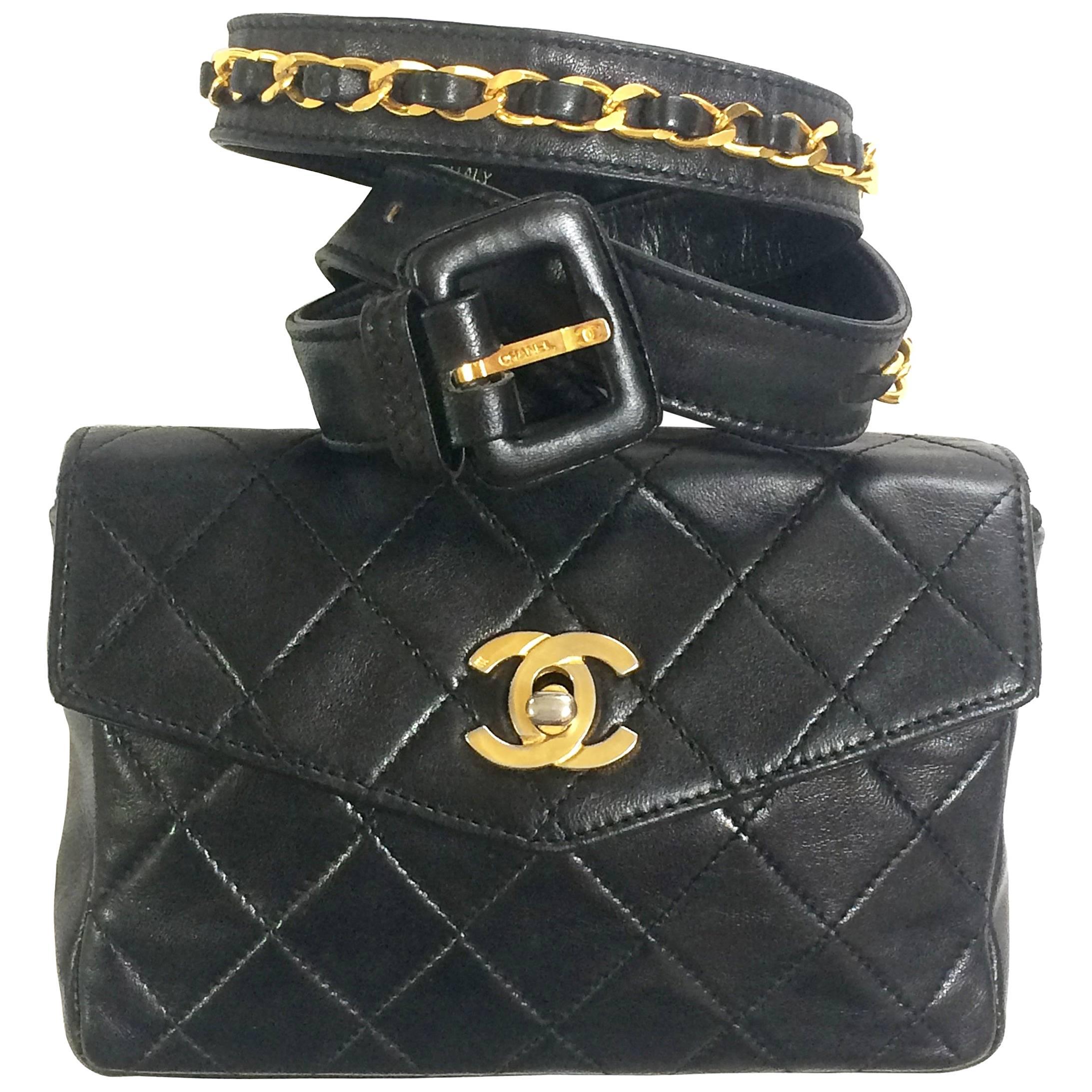 Vintage CHANEL black waist purse, fanny pack with golden CC and chain belt.