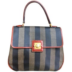 Vintage FENDI pecan stripe large handbag, purse with brown leather trimming