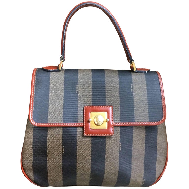 Vintage FENDI pecan stripe large handbag, purse with brown leather ...