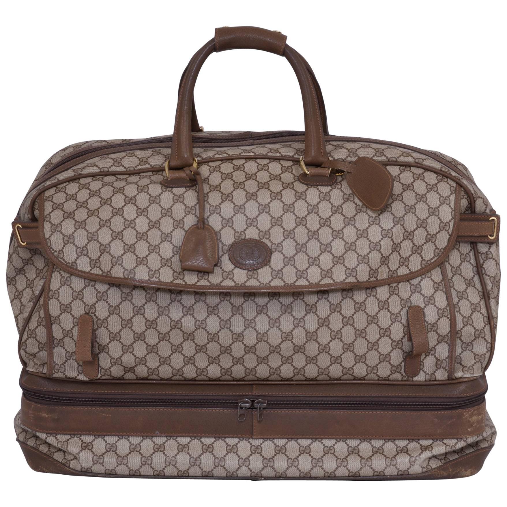 1980s GUCCI GG Monogram Brown Canvas Luggage Bag For Sale