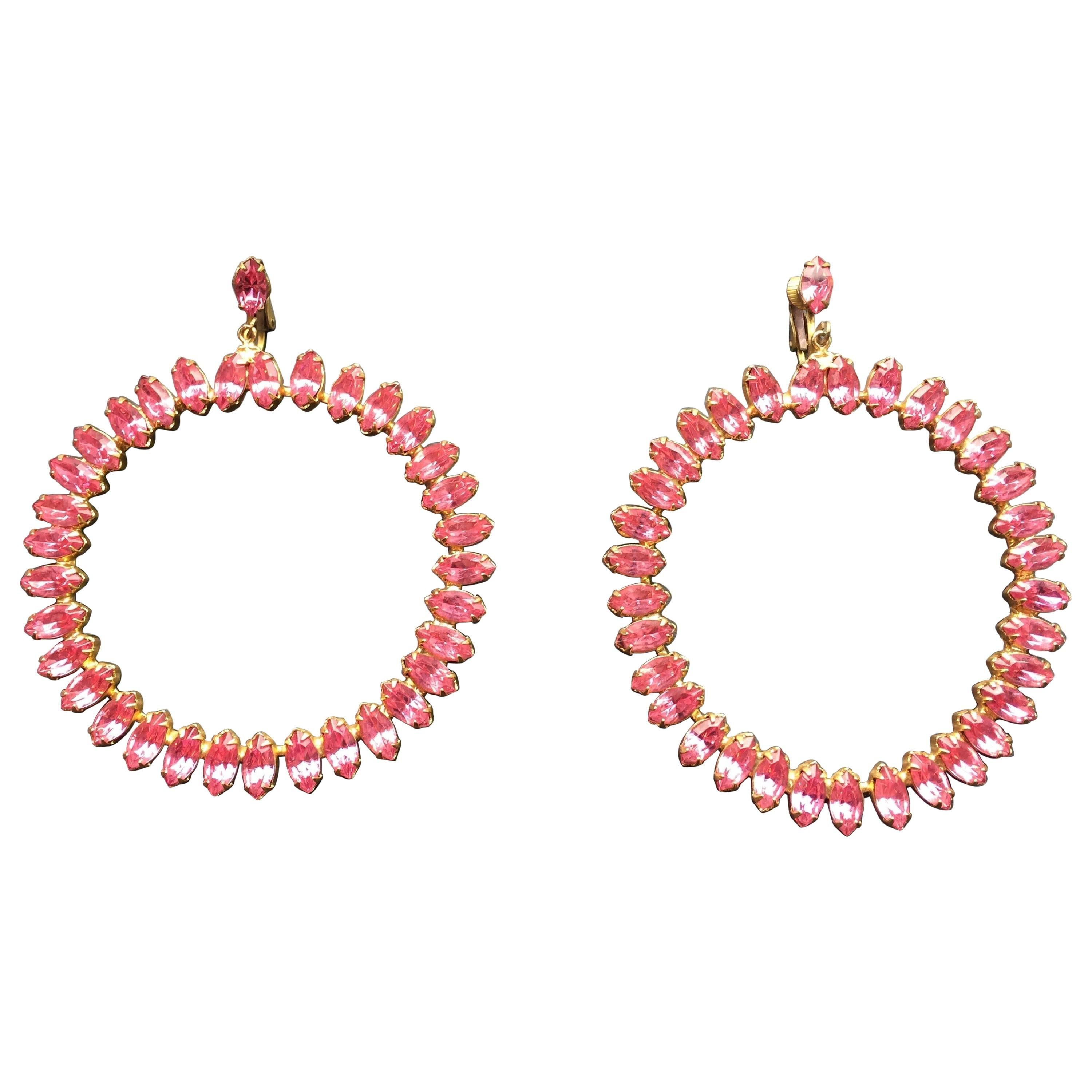Large pink crystal hoop earrings For Sale
