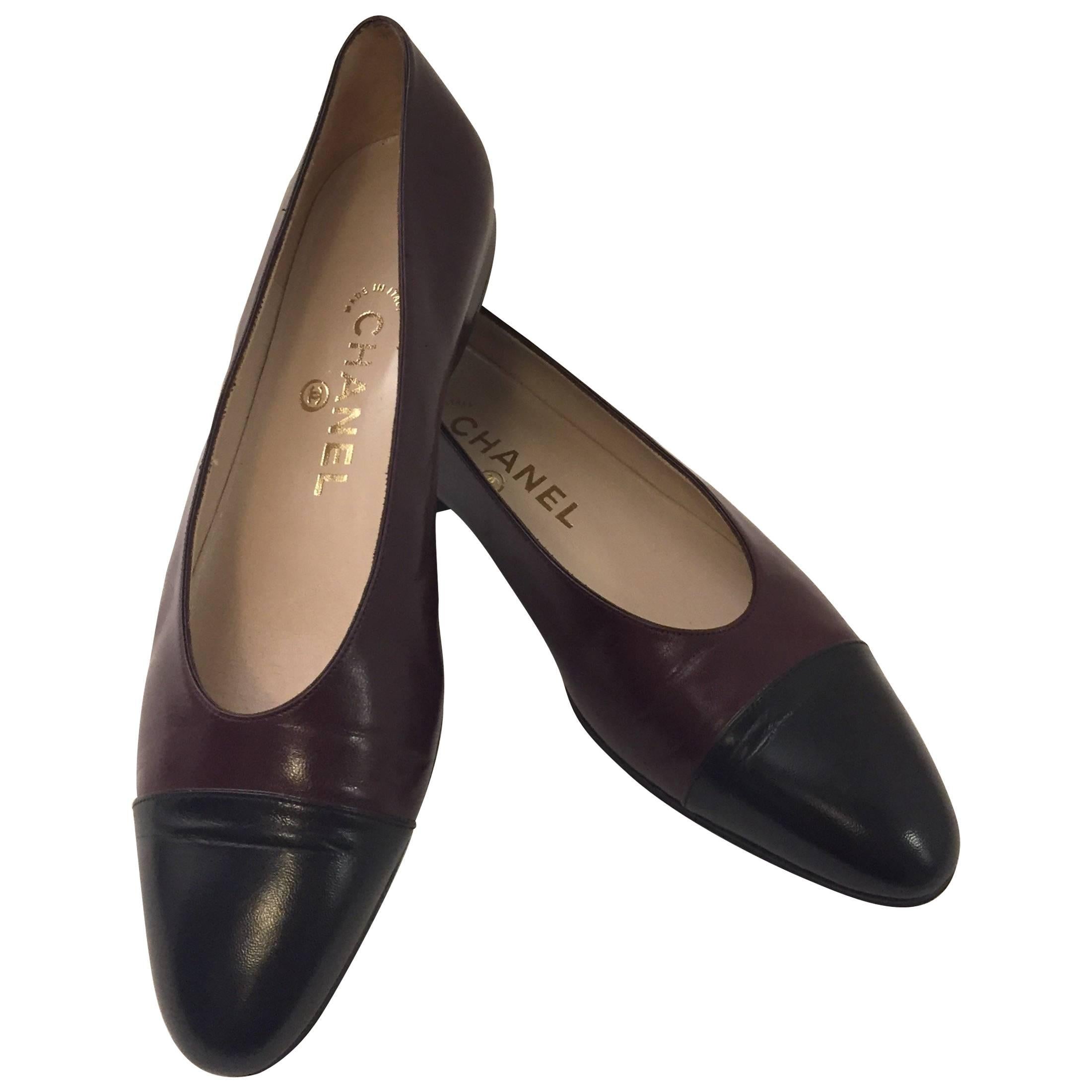 Chanel Deep Burgundy Flats With Black Cap Toes 