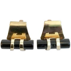 50'S Pair Of Art Deco Style Onyx & 12K Gold Cuff Links By, Anson