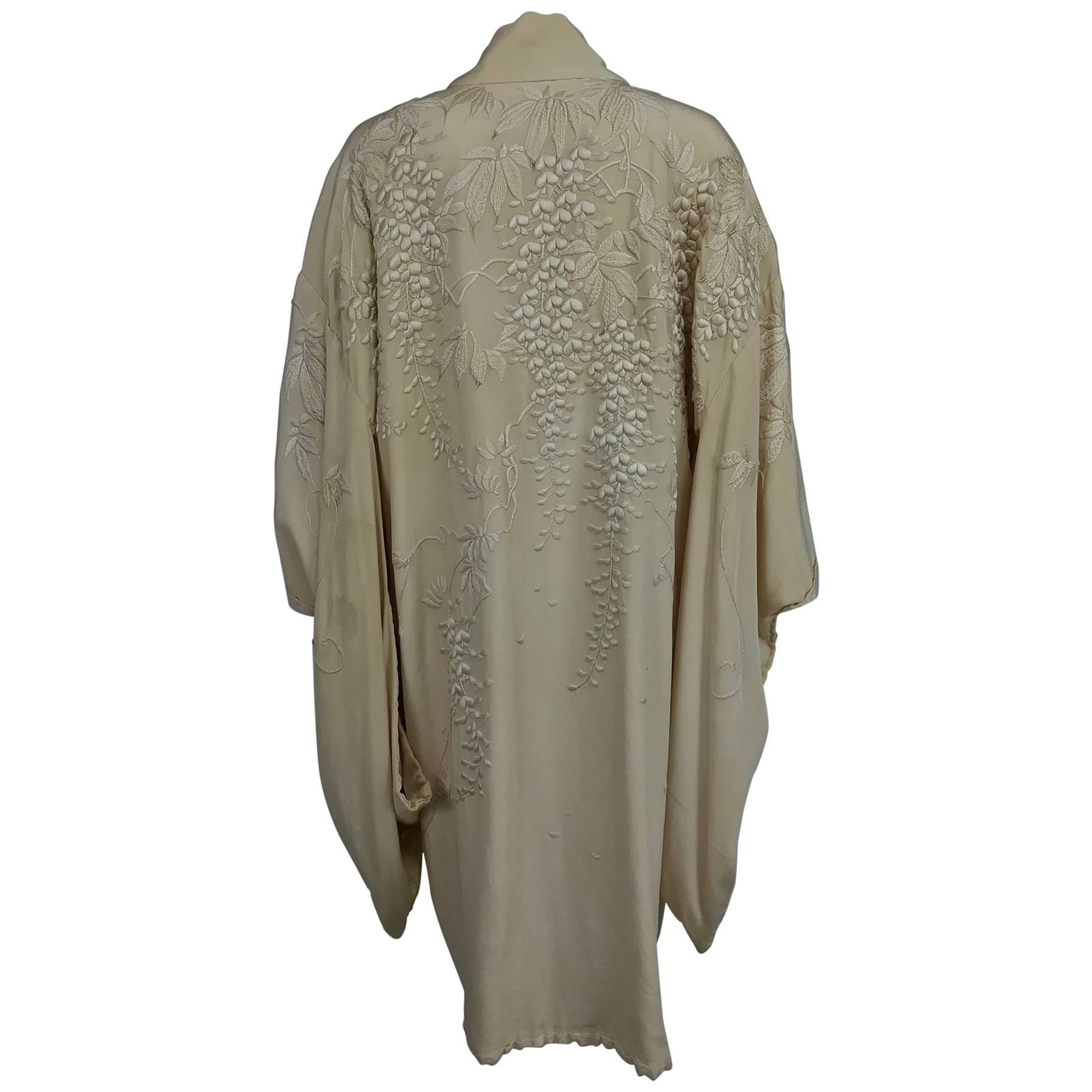 Vintage wisteria embroidered cream silk short kimono 1920s