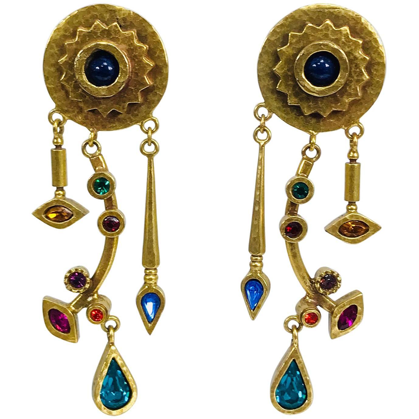 Patricia Locke abstract gold metal and coloured stone shoulder duster earringns