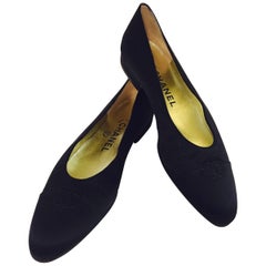 Coveted Chanel Black Satin Pumps w/Cap Toes and Metallic Gold Leather Lining