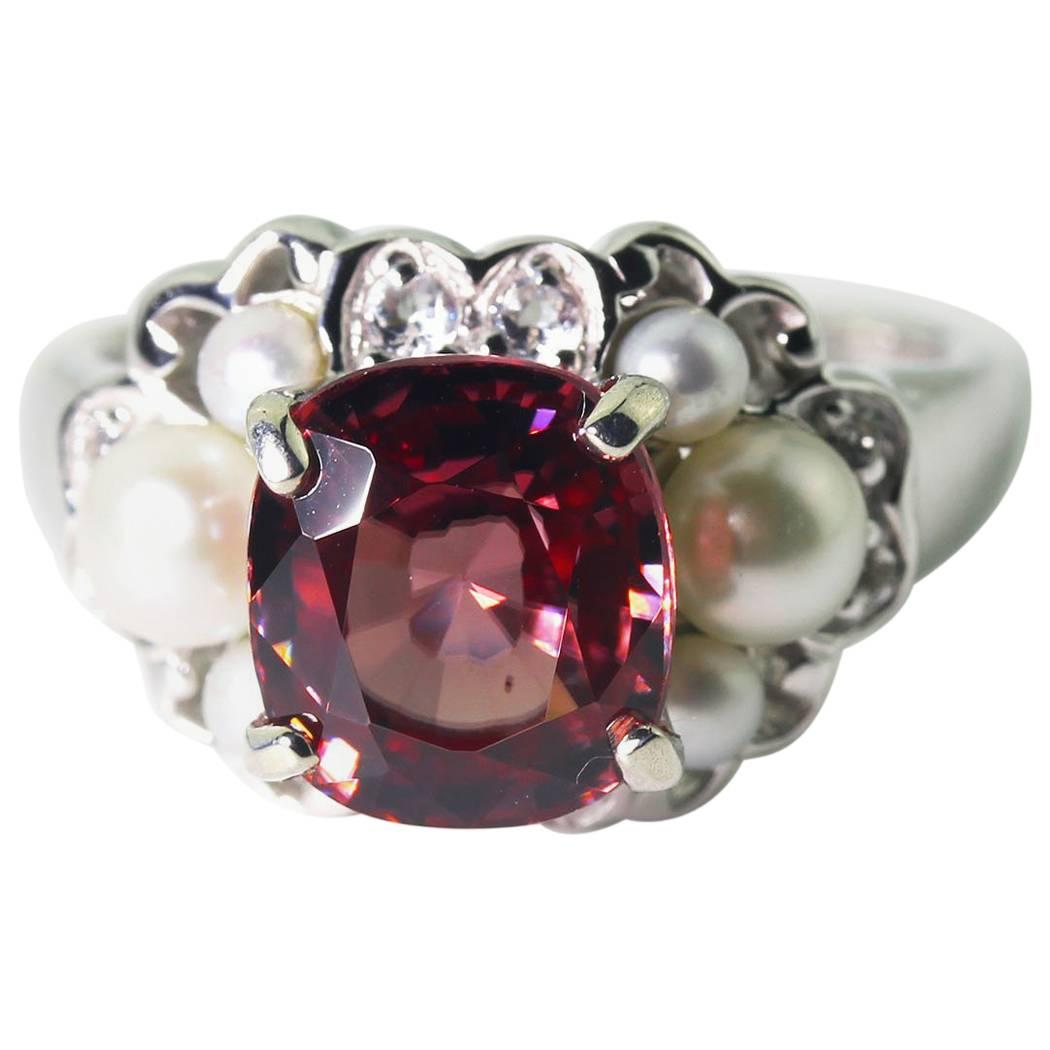 AJD BEAUTIFUL RARE INTENSE 3 Cts Red Zircon & Pearl Ring