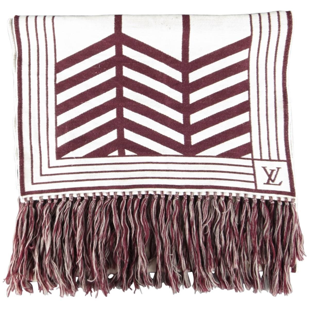 Louis Vuitton Scarf Burgundy and Beige Wool Blanket Print Fringe Scarves