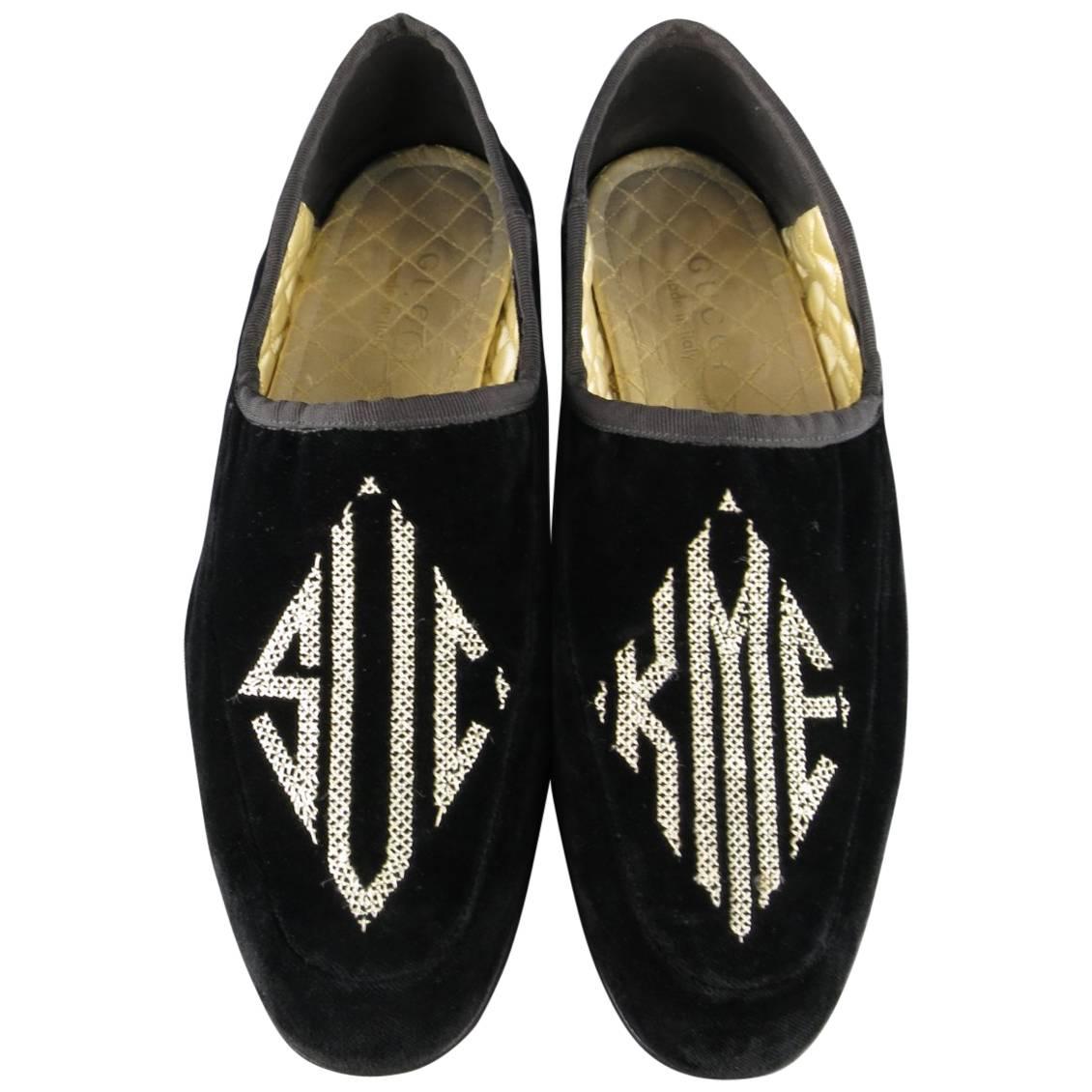 GUCCI Size 7 Black Embroidered Velvet SUCK ME Loafer Slippers