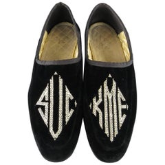 Used GUCCI Size 7 Black Embroidered Velvet SUCK ME Loafer Slippers