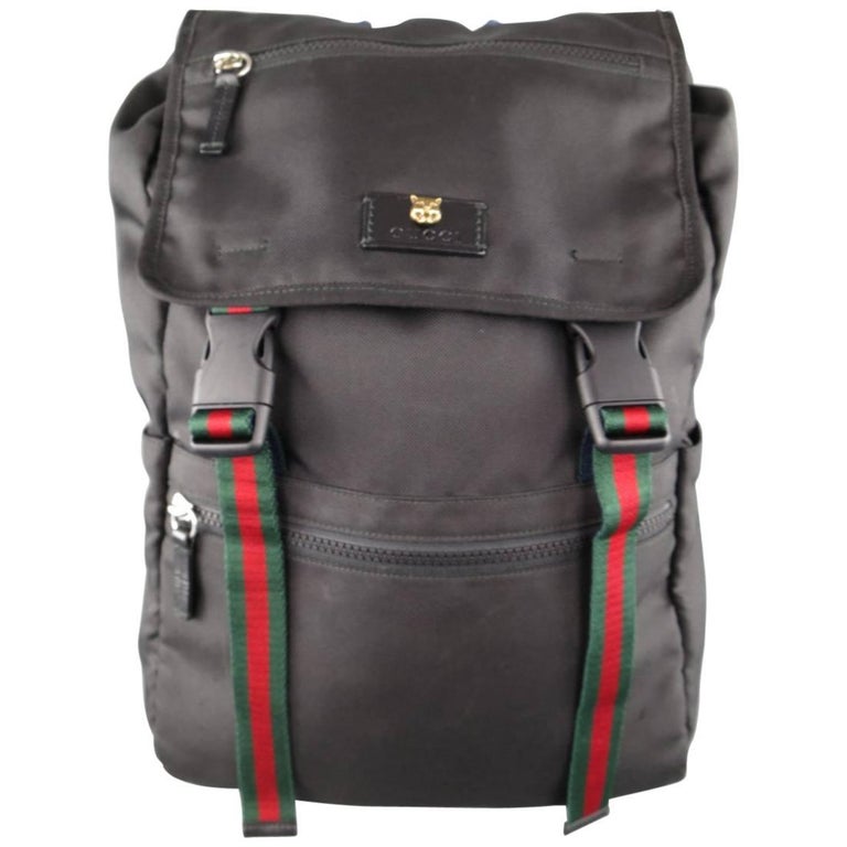 GUCCI Black Nylon Striped bing Gold Lion Head Techpack Backpack at