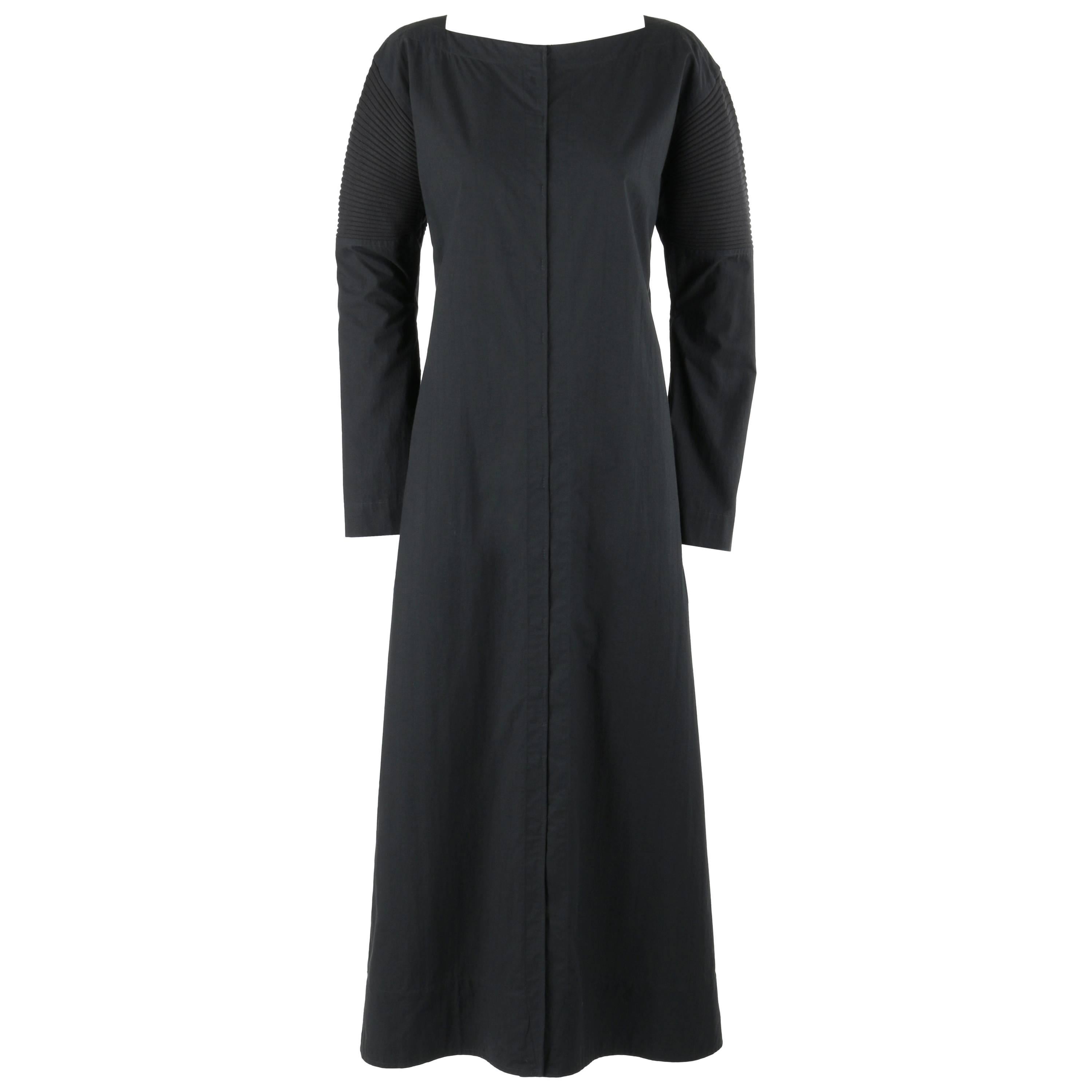 ISSEY MIYAKE Black Long Sleeve Rib Knit Detail Full Length Coat Dress For Sale