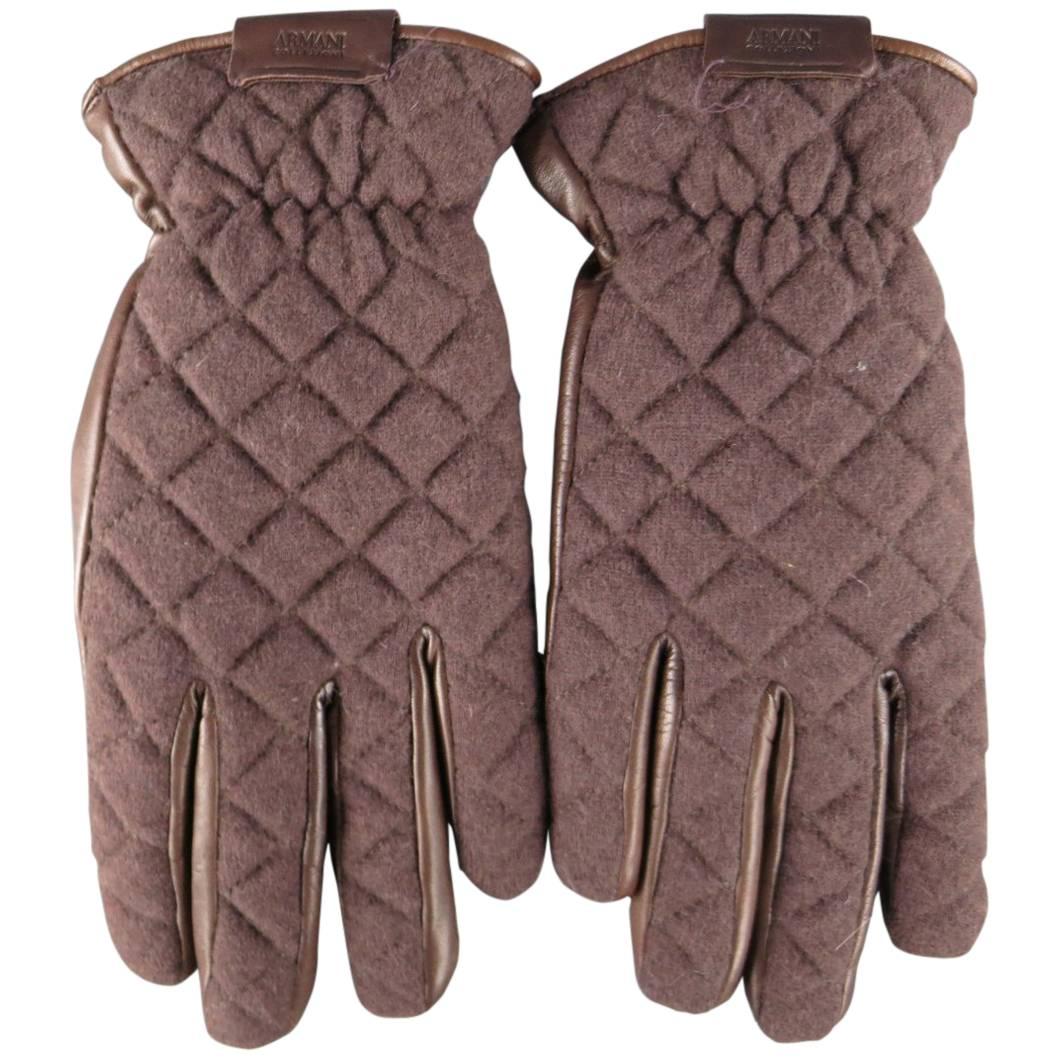 Men's ARMANI COLLEZIONI Size L Brown Quilted Wool & Leather Gloves