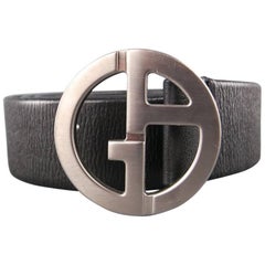 GIORGIO ARMANI Size 36 Black Textured Leather Silver GA Belt