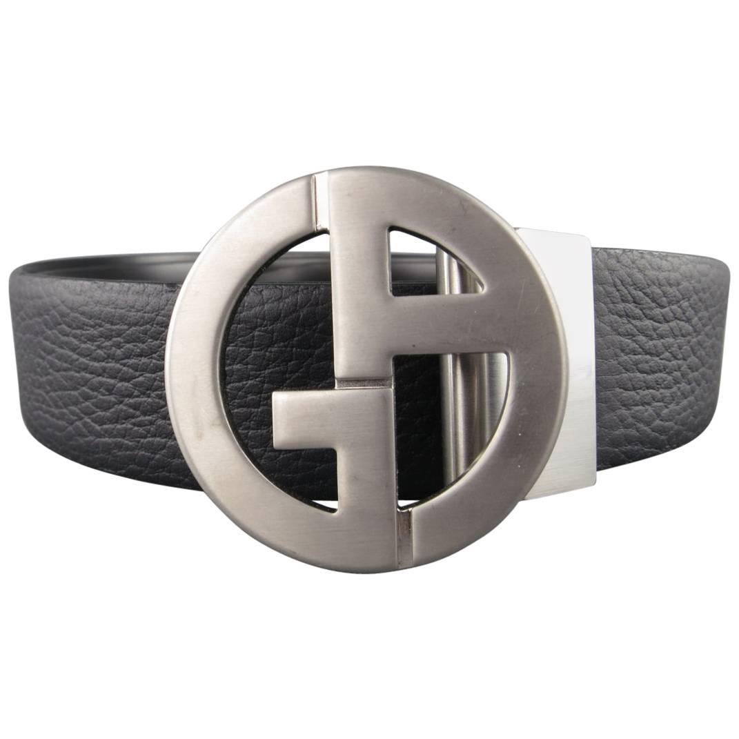 GIORGIO ARMANI Size 44 Black Smooth & Textured Leather Reversible Silver GG Belt