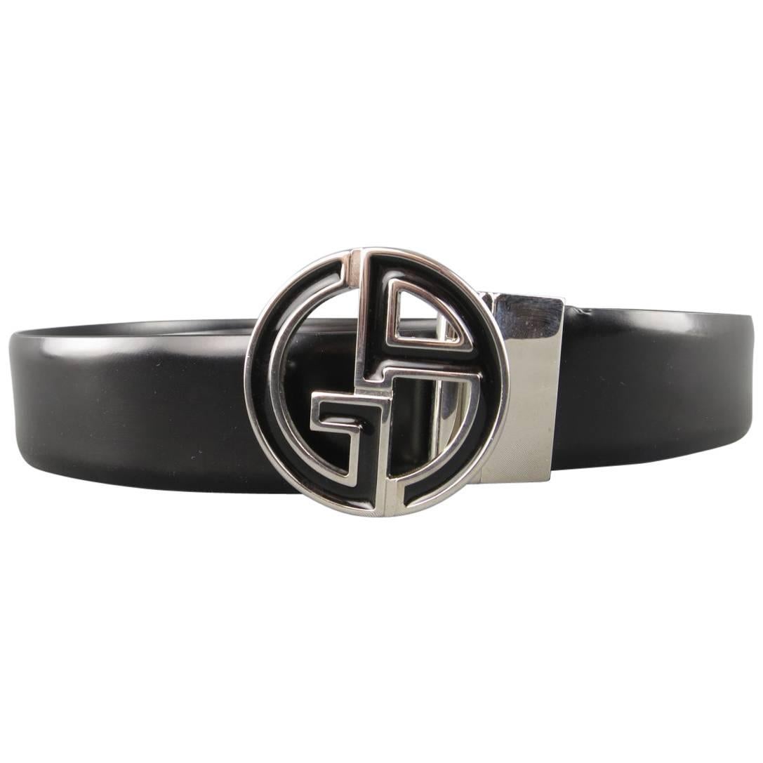 GIORGIO ARMANI Size 44 Black Leather GA Enamel Buckle Belt