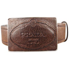 PRADA Size 36 Brown Leather Embossed Logo Buckle Belt