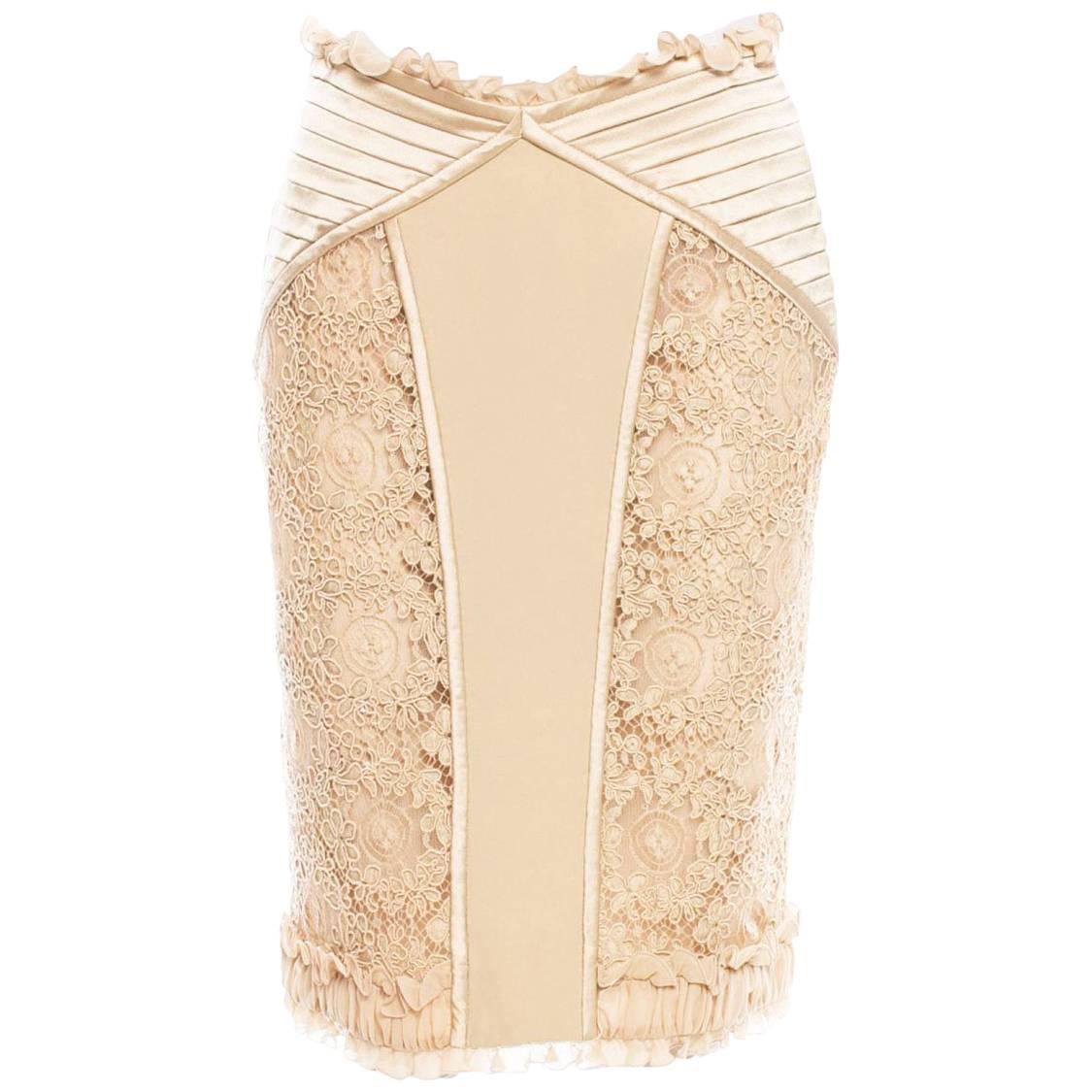 Valentino Champagne Sheer Lace Romantic Ruffle Skirt 