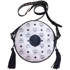 Vintage MCM navy and white monogram round shape shoulder bag, Suzy Wong. 