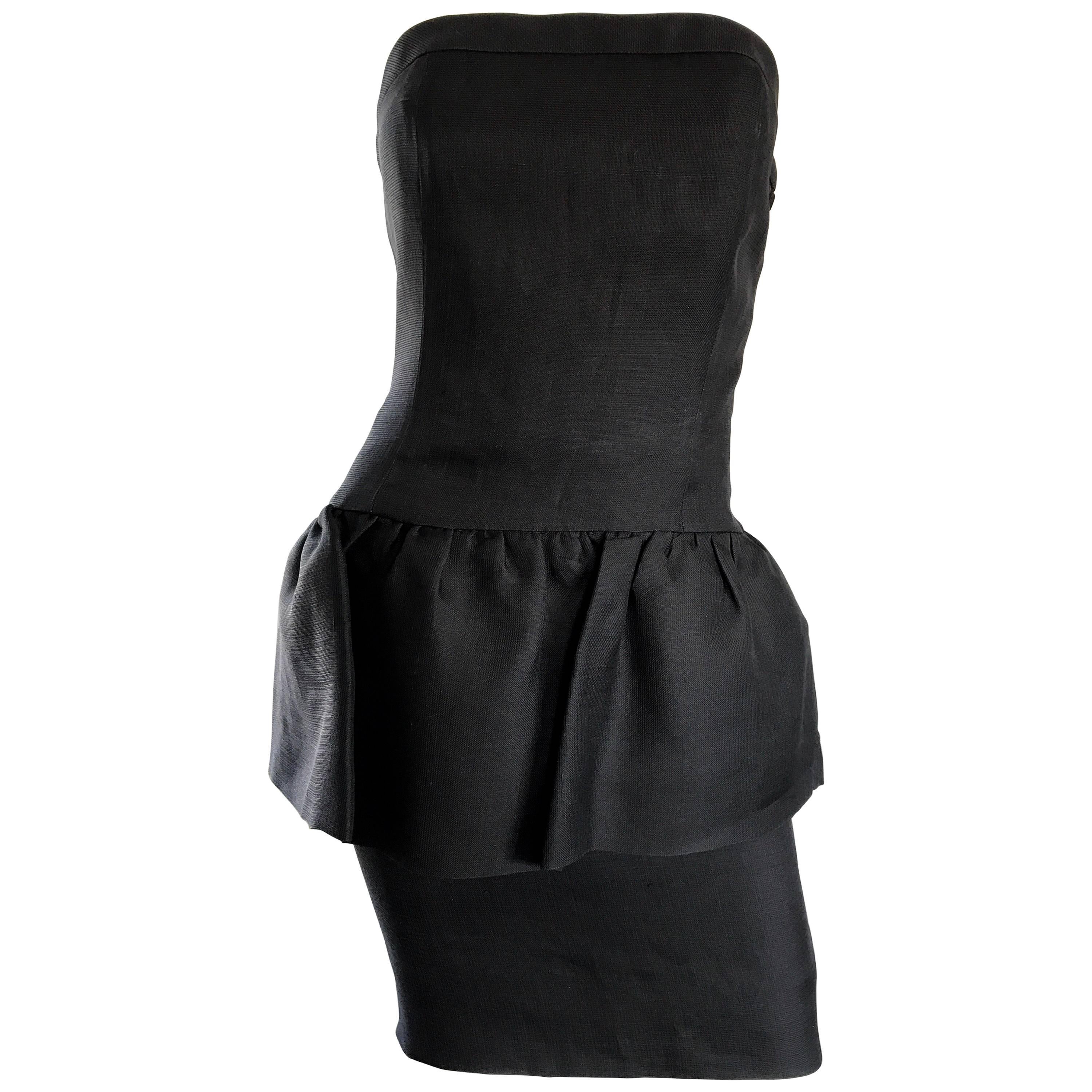 Yves Saint Laurent Rive Gauche 1980s Vintage Black Strapless Peplum Dress For Sale