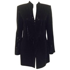 Vintage Sophisticated St. John Black Sequined Striped Longer Length Jacket 