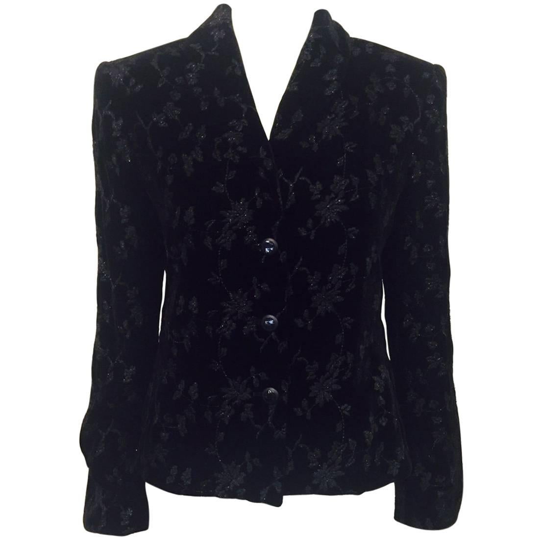 Oscar de la Renta Black Velvet Floral Embroidered Jacket 