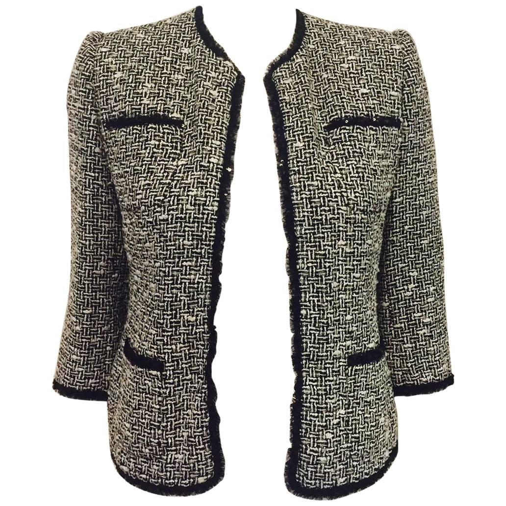 Shimmering Serge & Real Black & White Cropped Jacket with Sequin Trim For Sale