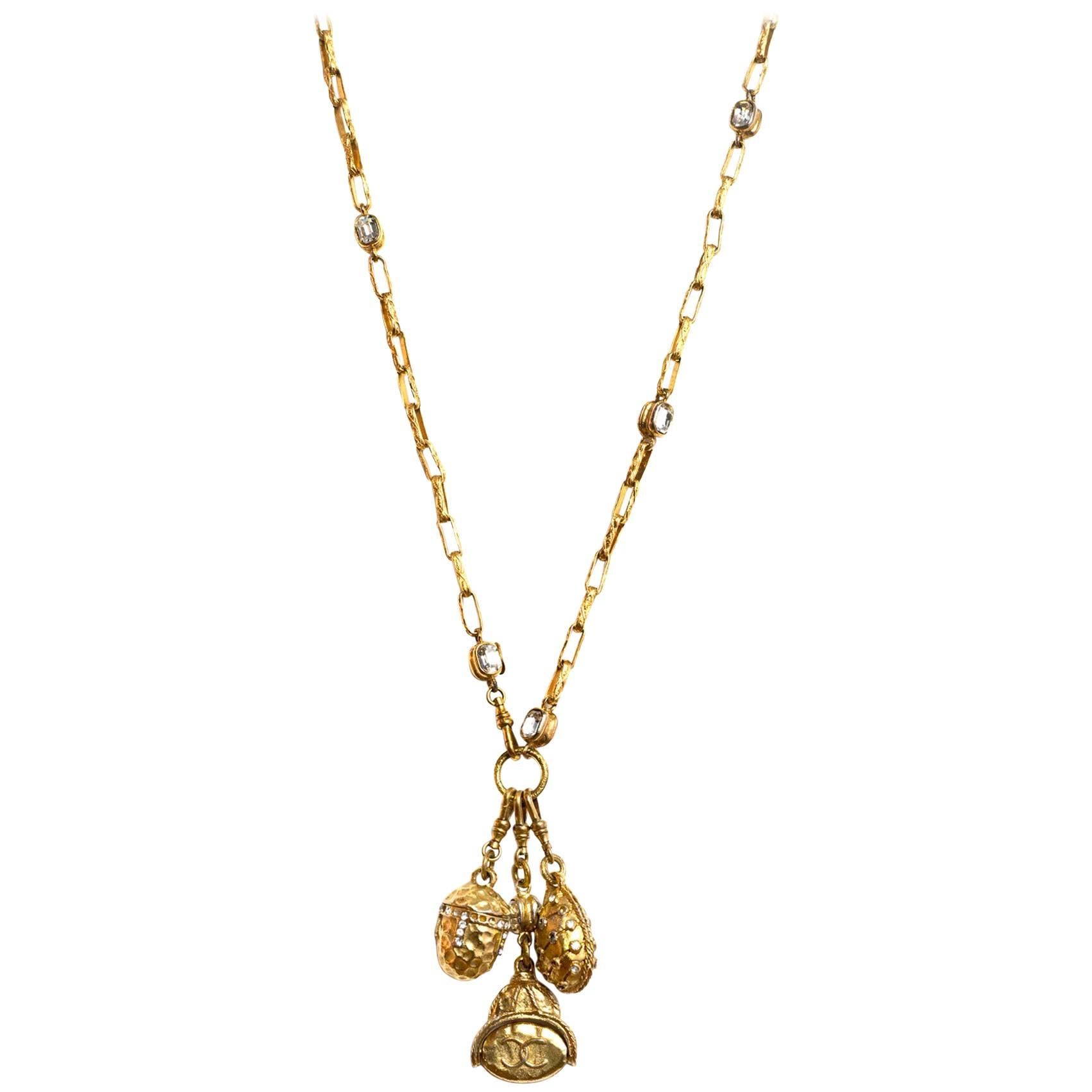 Chanel Vintage Goldtone & Crystal 3 Charm Pendant Necklace