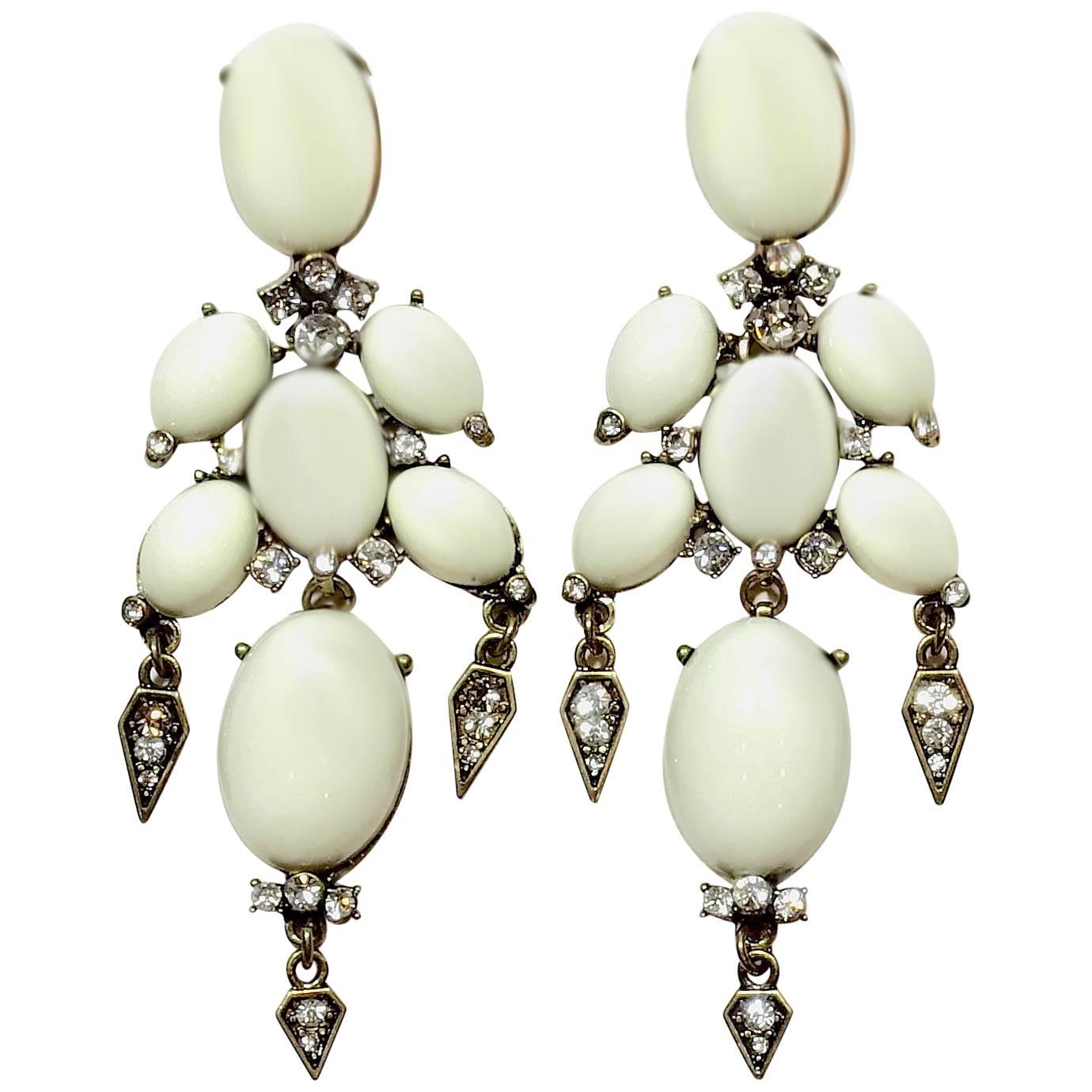 Unsigned Oscar de la Renta Pierced White & Rhinestone Dangling Earrings