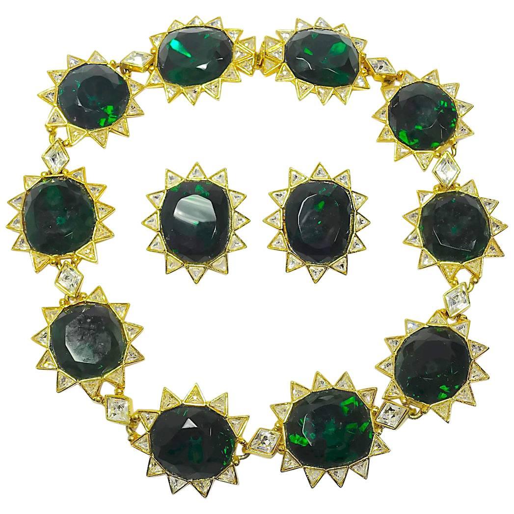 Signed Kenneth Jay Lane  (KJL) Emerald Green & Clear Crystals Necklace & Earring