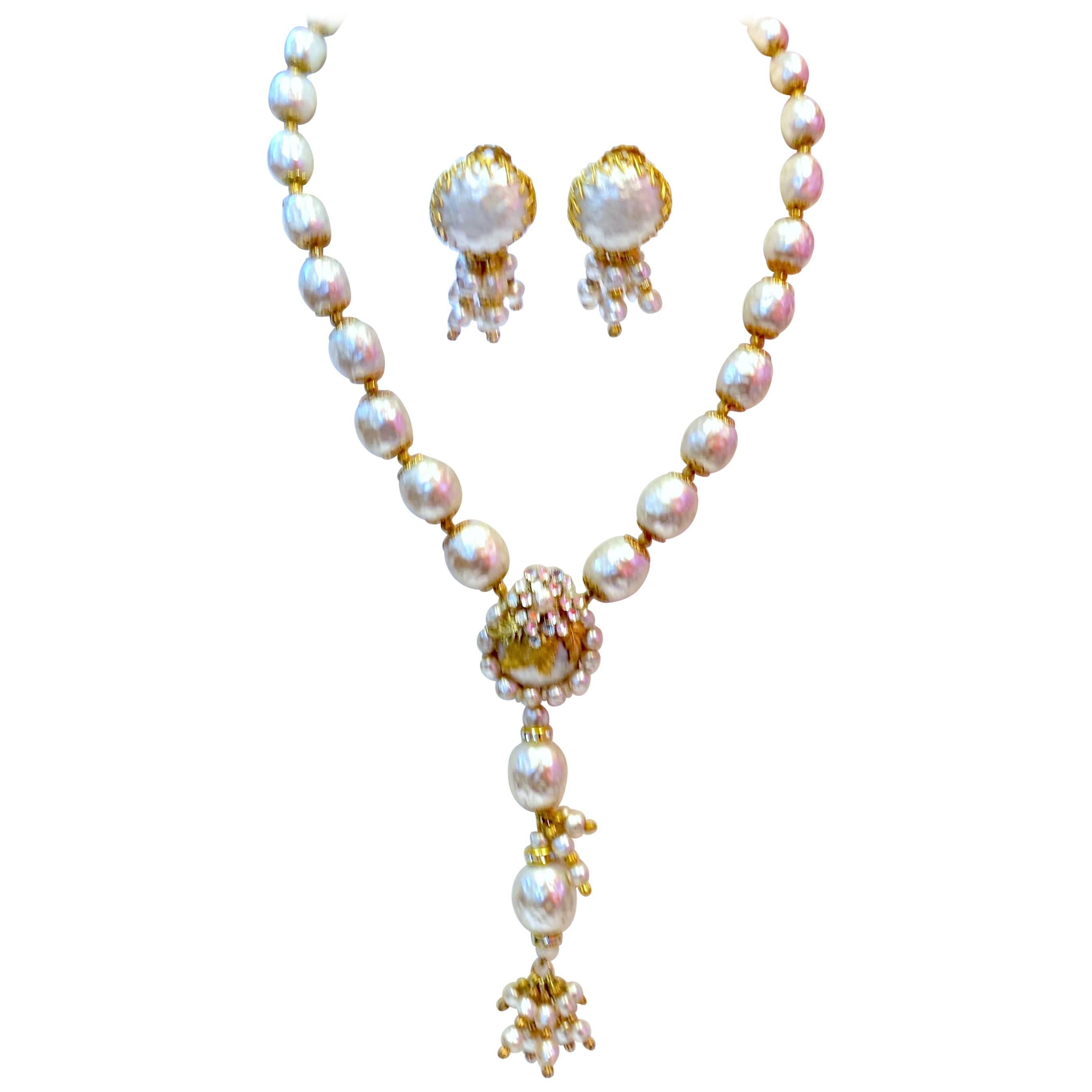 Vintage Miriam Haskell Faux Pearl Drop Necklace And Earrings Set