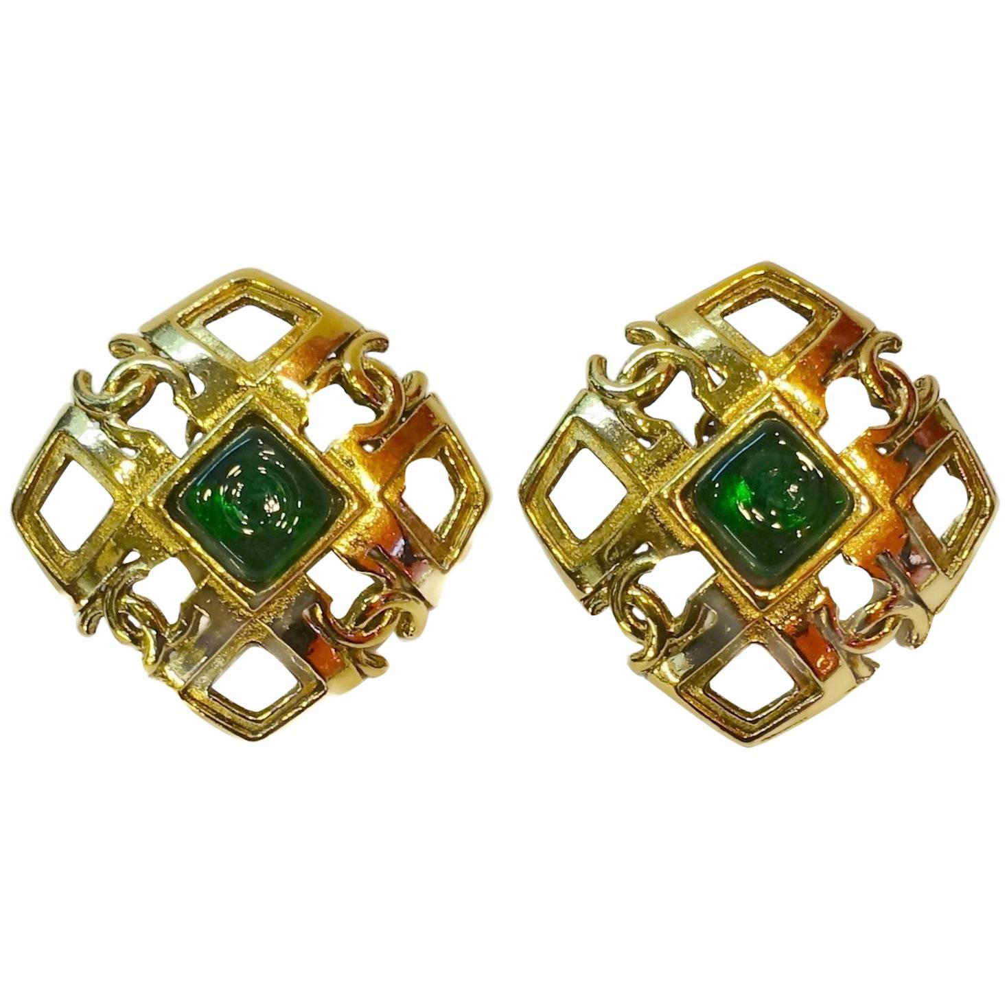 Vintage Chanel Season 23 Green Gripoix Earrings For Sale