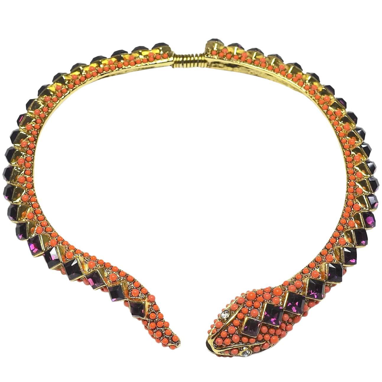 Kenneth Jay Lane Signed Topaz Crystals Snake Necklace
