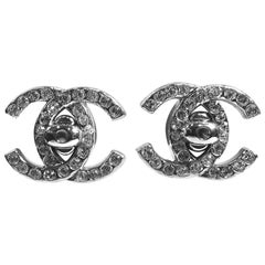 Antique Chanel Double Cs Crystal Clip Earrings