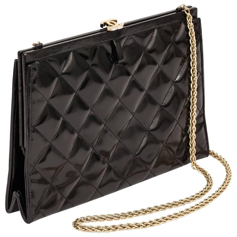 1970&#39;s Chanel Black Quilted Patent Leather Convertible Evening Bag w/Chain Strap For Sale at 1stdibs