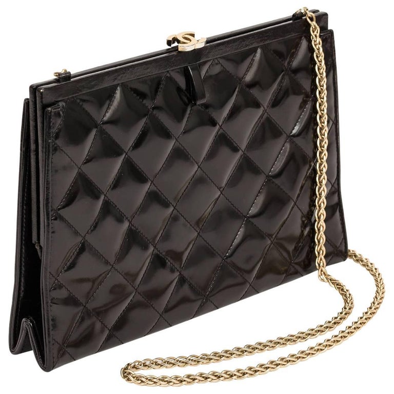 1970's Chanel Black Quilted Patent Leather Convertible Evening Bag