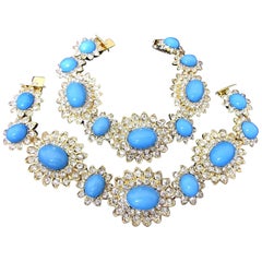 Vintage Designer Robins' Egg Blue and Faux Diamond Statement Necklace Bracelets