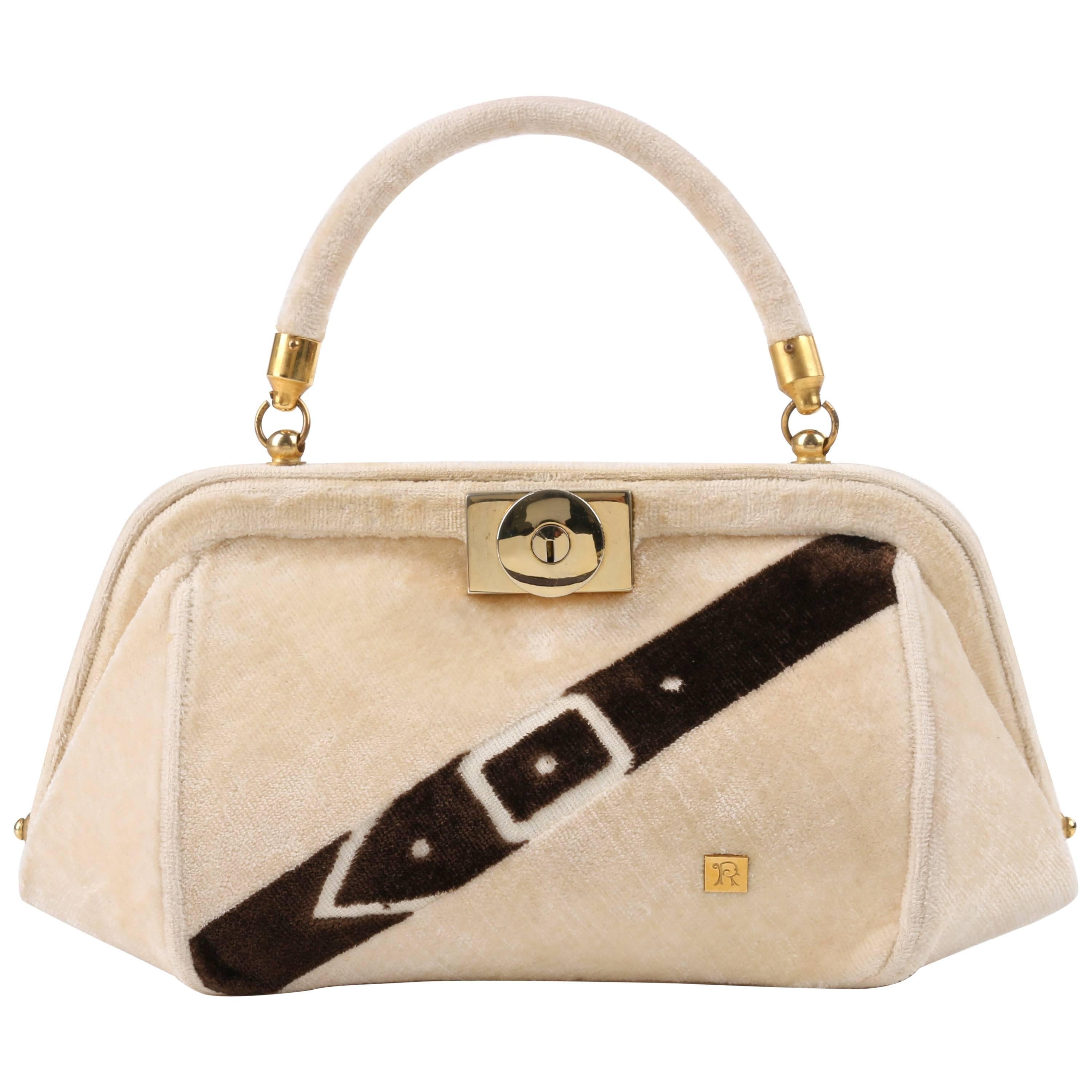 ROBERTA DI CAMERINO c.1960's Beige & Brown Velvet Trompe L'oeil Buckle Handbag