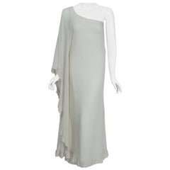 1975 Loris Azzaro Couture Ivory Silk Crepe One-Shoulder Goddess Caftan Gown 