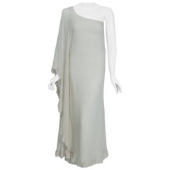 Vintage 1975 Loris Azzaro Couture Ivory Silk Crepe One-Shoulder Goddess Caftan Gown 